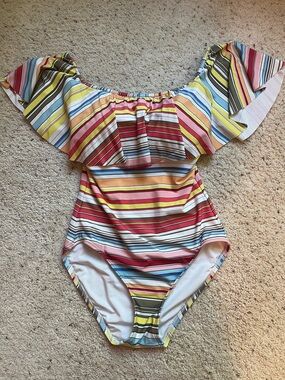 Vince Camuto Striped Off-Shoulder One-Piece in Red, Yellow, Blue and Green